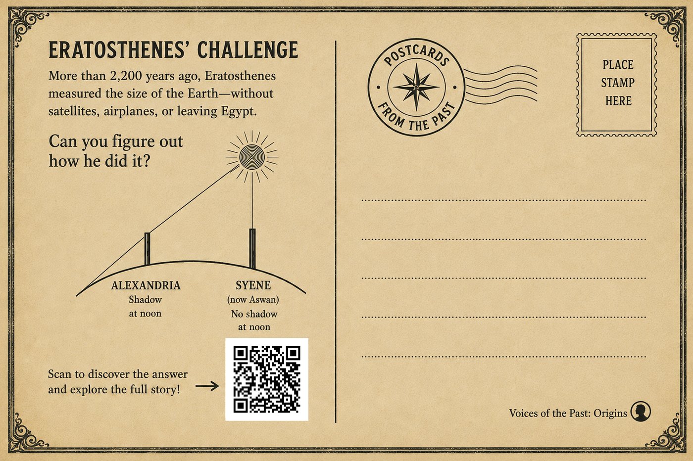 Back of the postcard: Eratosthenes’ Challenge — how to measure the size of the Earth — with a stamp box and a QR code linking to this page.