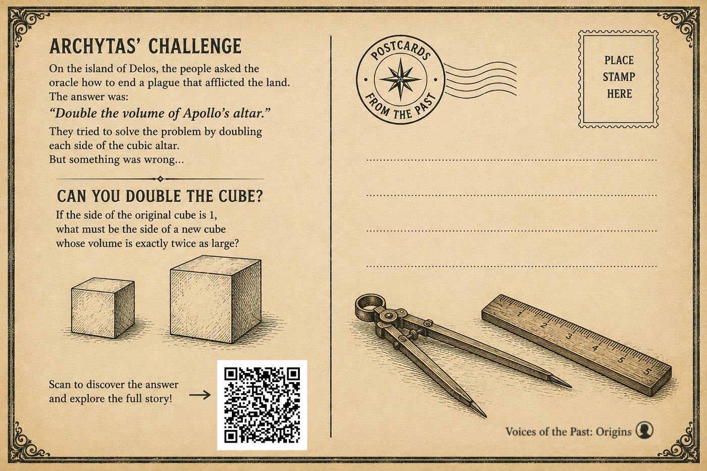 Back of the postcard: Archytas and the Delian Problem — building a cube of exactly twice the volume — with a stamp box and a QR code linking to this page.
