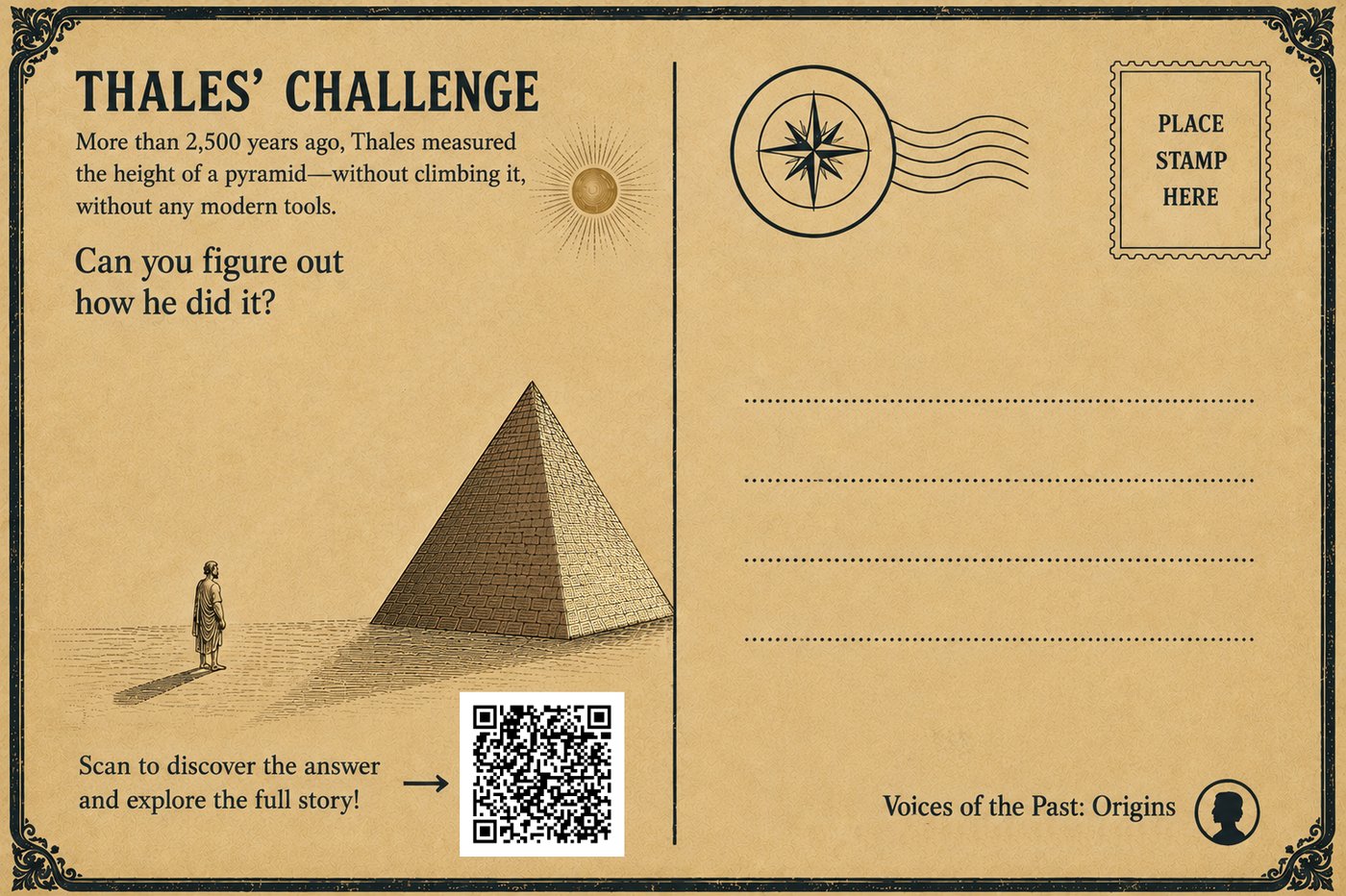 Back of the postcard: Thales’ Challenge — how to measure a pyramid’s height without climbing it — with a stamp box and a QR code linking to this page.