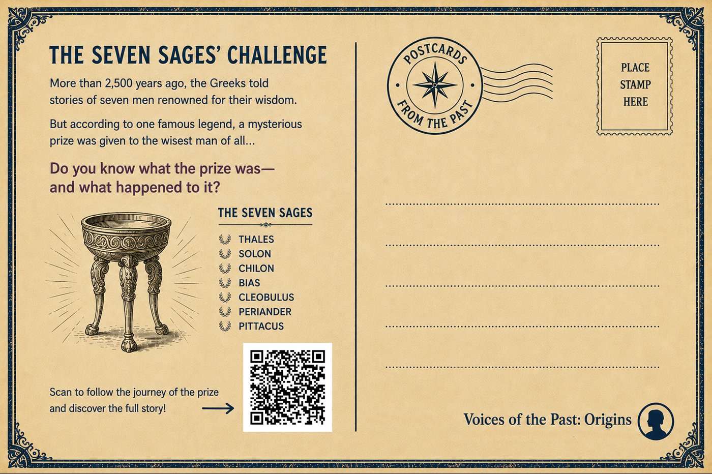 Back of the postcard: The Seven Sages’ Challenge — the mysterious prize given to the wisest man — with a list of the seven sages, a stamp box and a QR code linking to this page.