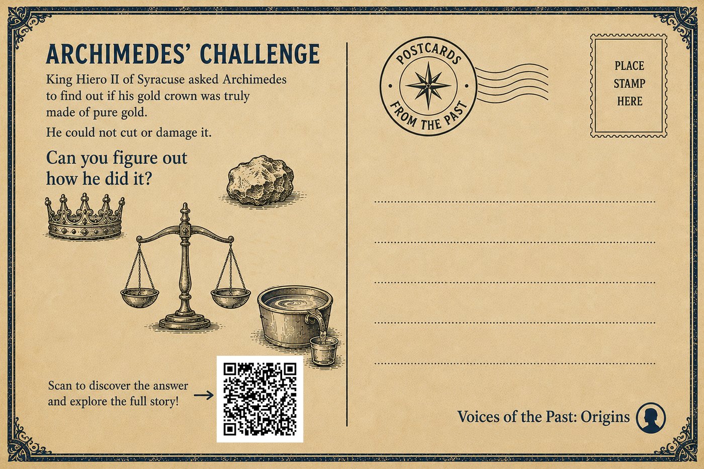 Back of the postcard: Archimedes’ Challenge — whether the king’s crown was really pure gold — with a stamp box and a QR code linking to this page.